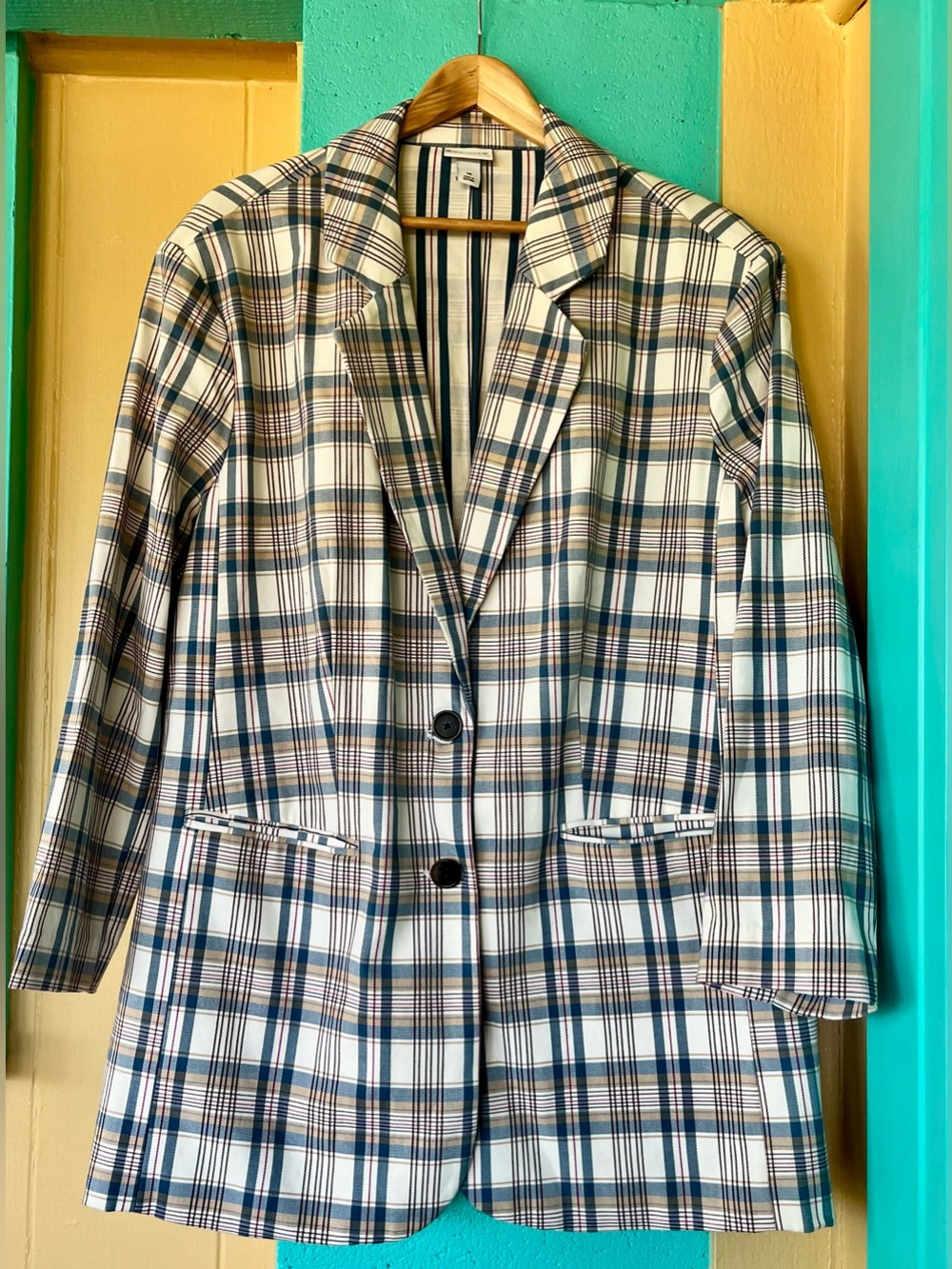 Ava & Viv Cream Plaid Blazer with Navy and Tan Business Chic Like New | Size 1X